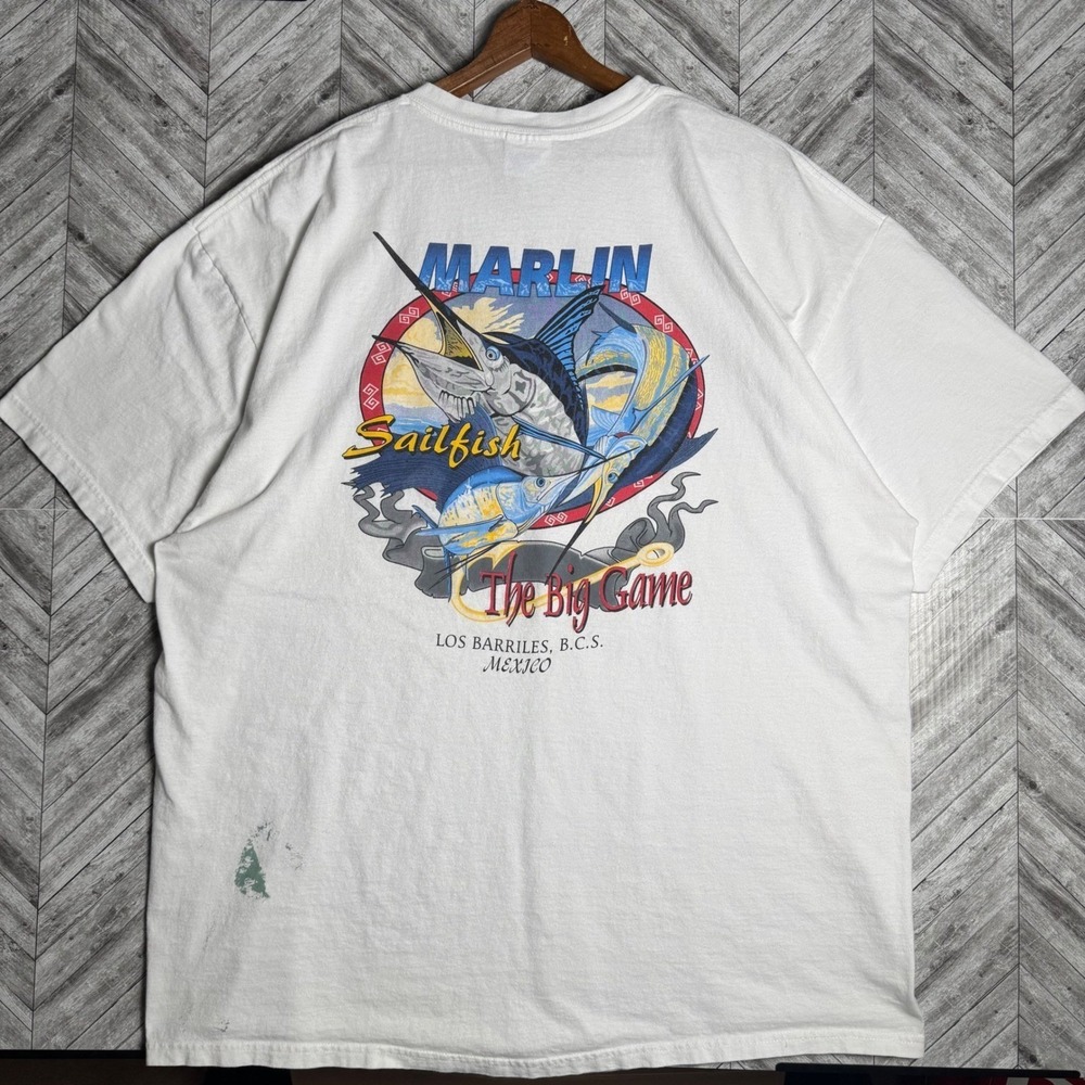 Vintage Hanes Heavyweight Marlin Sailfish Mexico Fishing T-Shirt Mens 2XL White - Picture 2 of 7